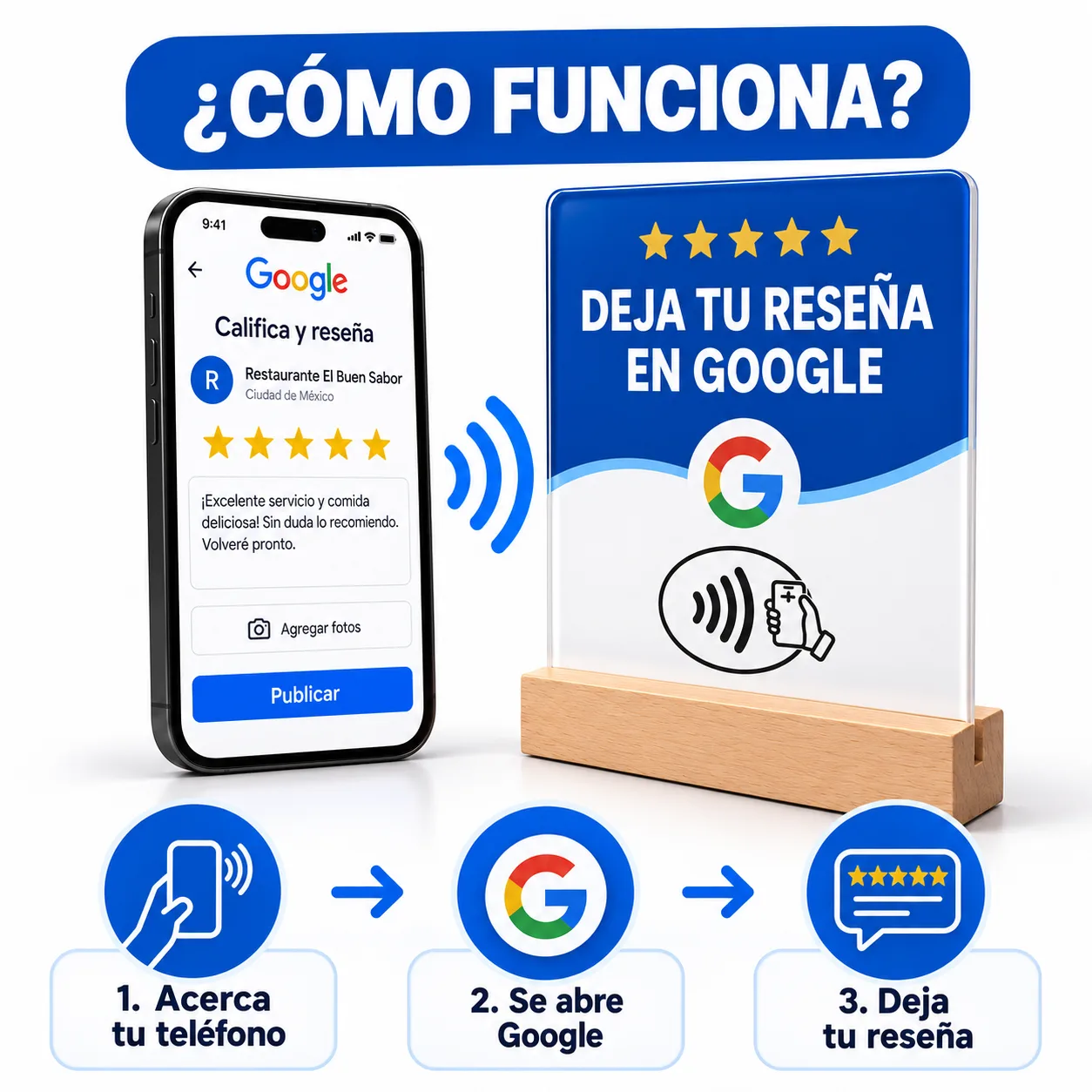 Cartel NFC para Reseñas de Google con Base de Madera