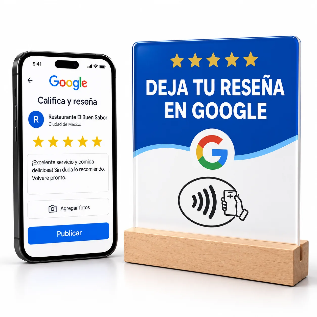 Cartel NFC para Reseñas de Google con Base de Madera