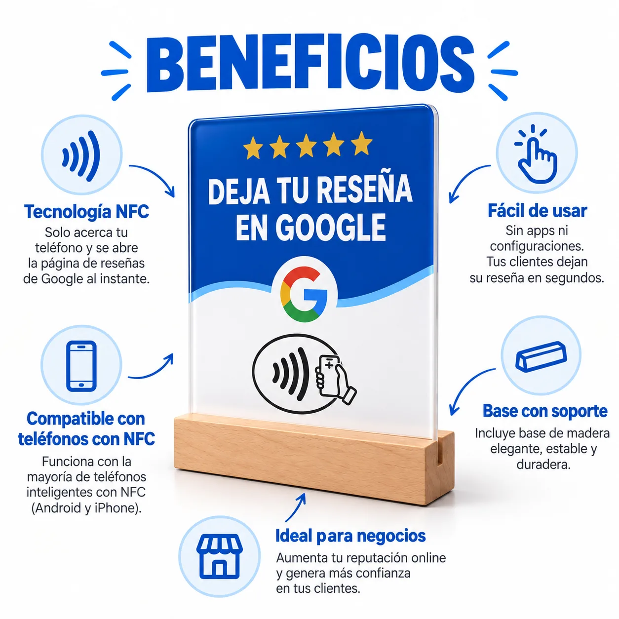 Cartel NFC para Reseñas de Google con Base de Madera